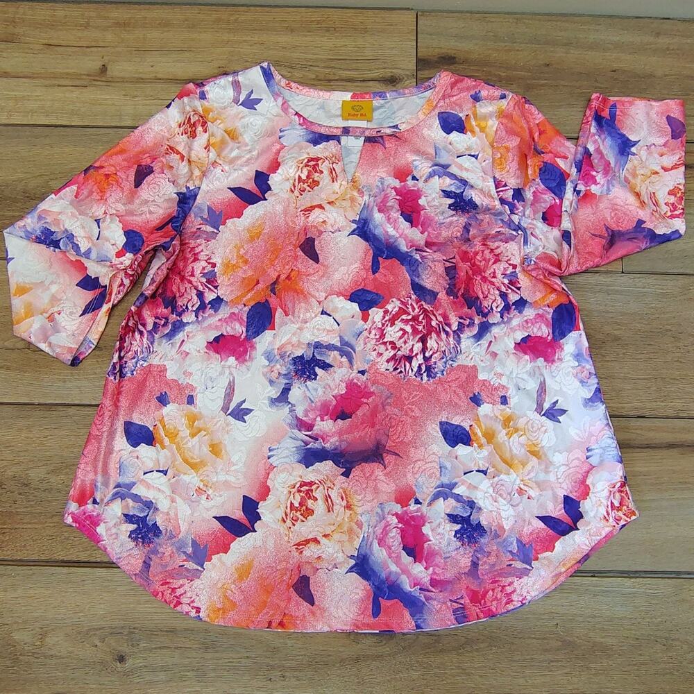 Ruby Rd. watercolor-style blossoms Blouse Women's Large Silky Knit Keyhole